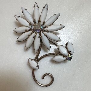 Milk glass and AB stones Floral stem Brooch with Silver Accents